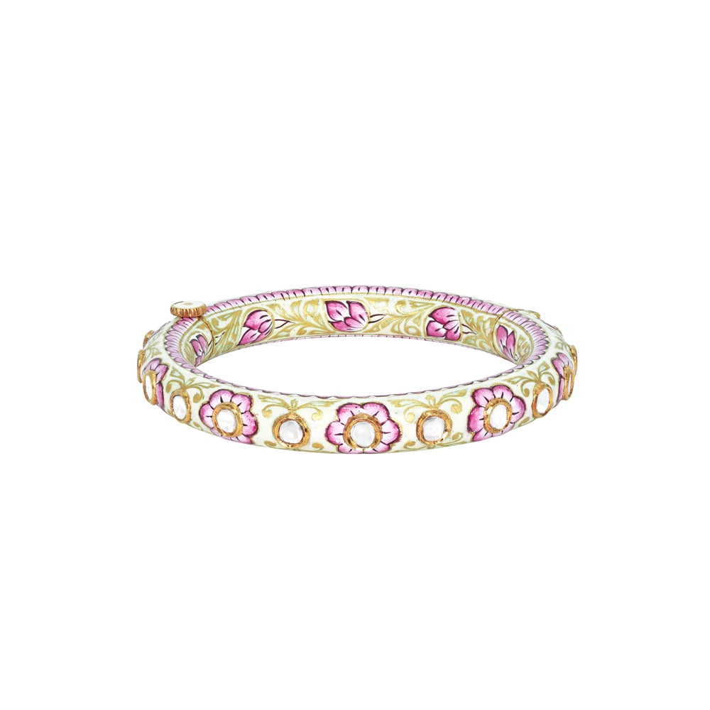 Pink Floral Enamel Bangle with Uncut Diamond Polki